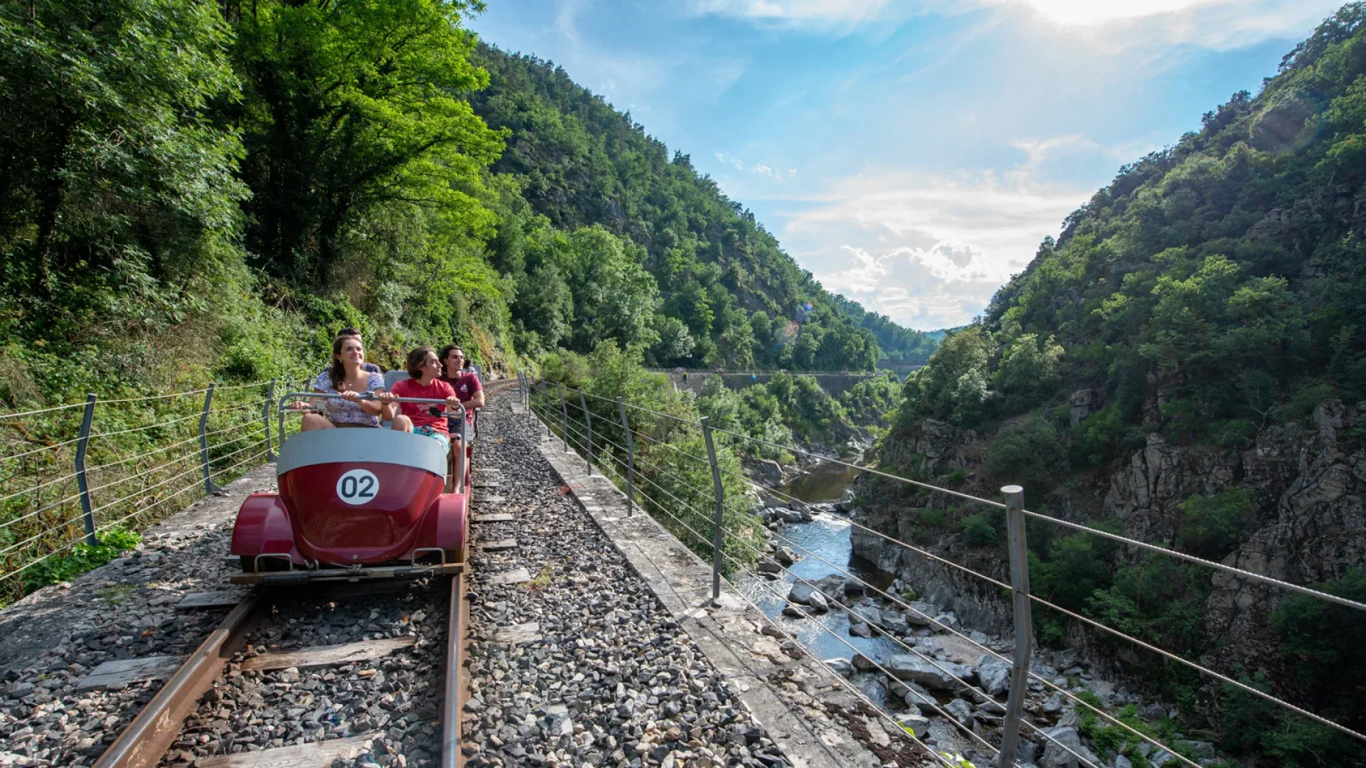 Group of friends at the "Velorail" in, the Doux Gorges, in spring