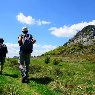 Family hiking at the Mont Gerbier de Jonc, in spring