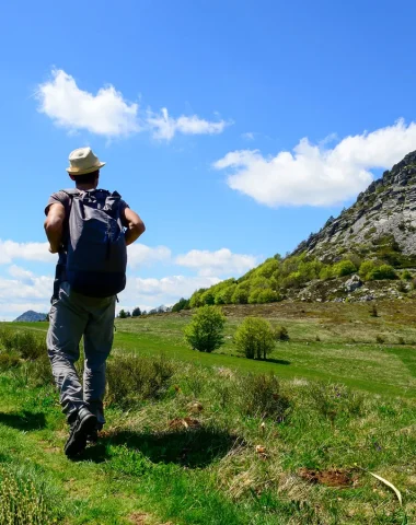 Family hiking at the Mont Gerbier de Jonc, in spring