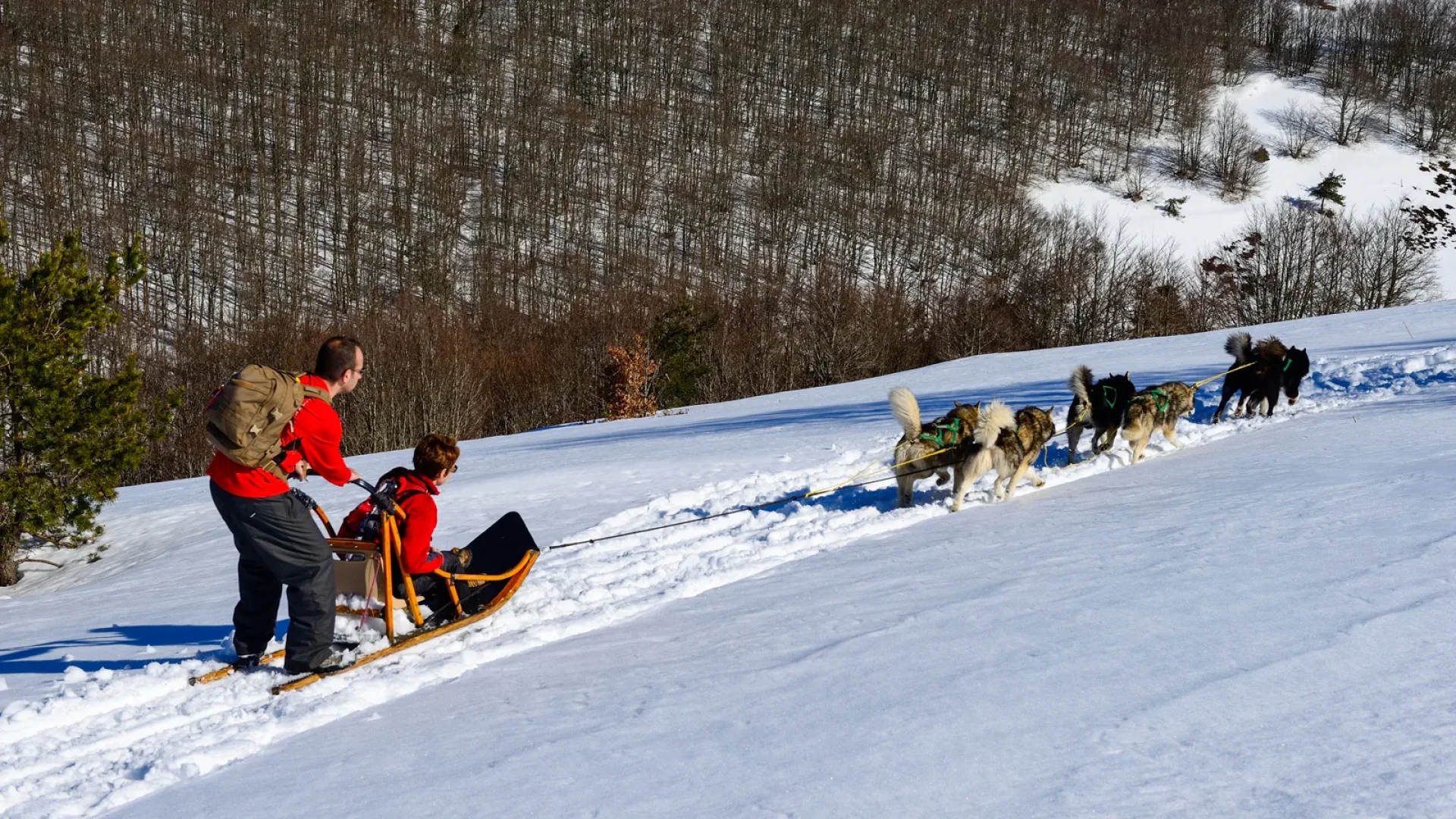 Couple practicing dog sledding activity at La Chavade in a snow-covered landscape.