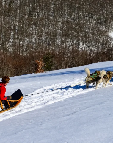 Couple practicing dog sledding activity at La Chavade in a snow-covered landscape.