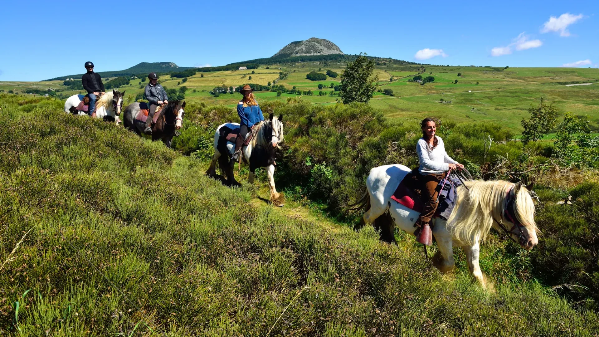 Group horse riding i n the Ardèche mountains in summer