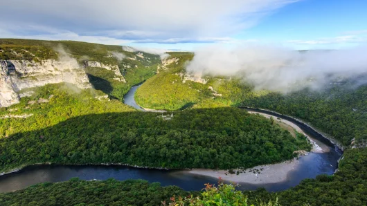Landscape of the Ardèche gorges in spring, under the myst