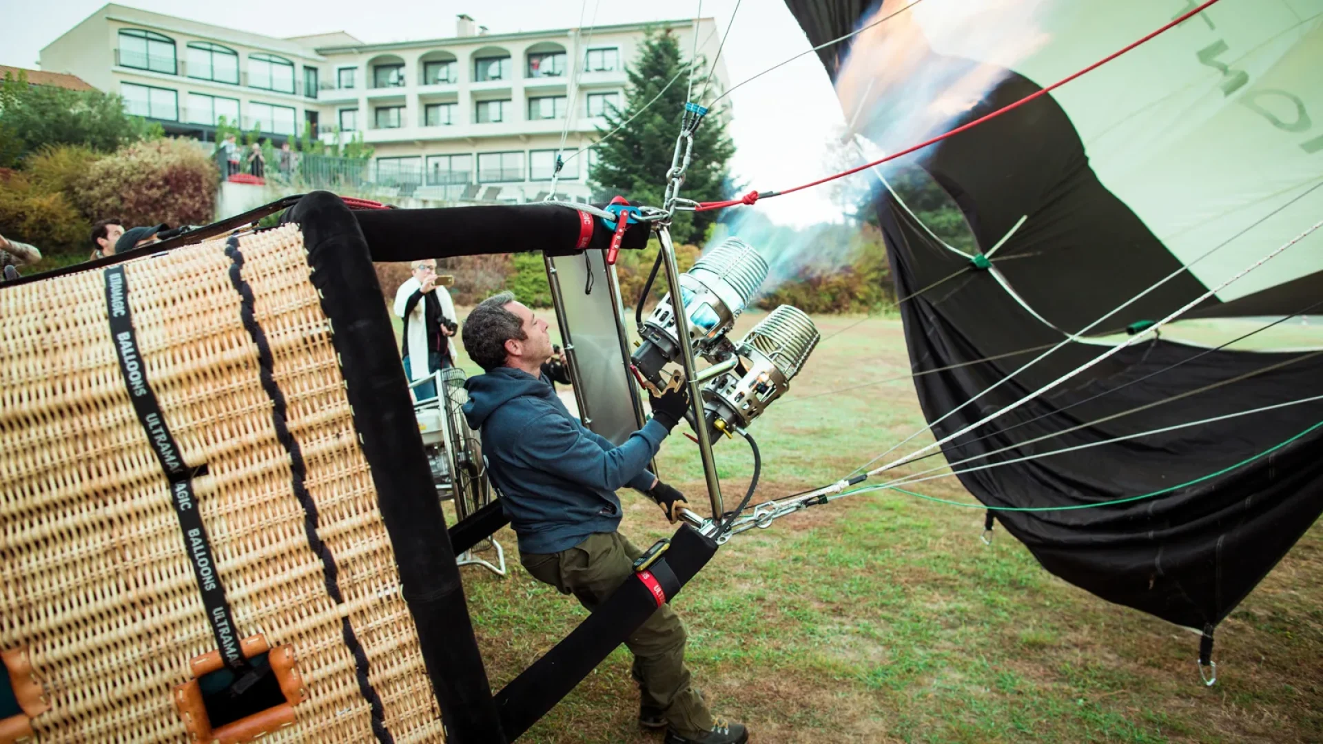 Inflation of a hot air balloon in autumn