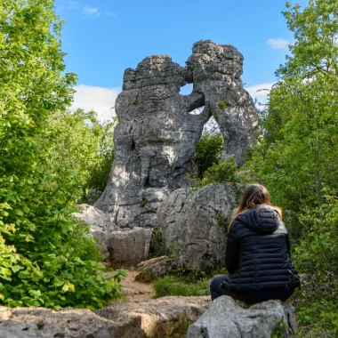 Woman observing the “bear and the lion” of the Bois de Païolive in spring
