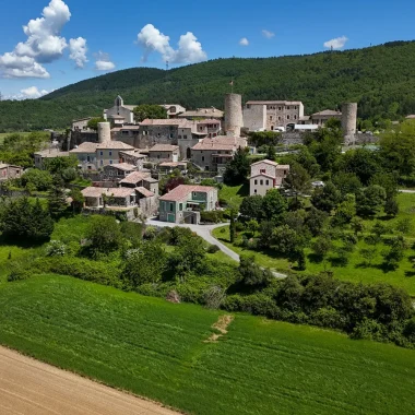 Aerial view of the village with outstanding character of Saint-Vincent-de-Barrès in spring