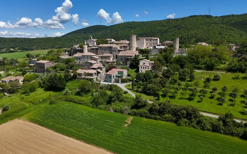 Aerial view of the village with outstanding character of Saint-Vincent-de-Barrès in spring