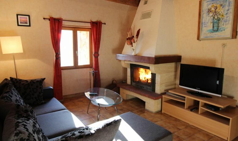 Gîtes de France - Le salon du gîte avec le canapé d'angle, la cheminée insert agréable ( le bois est fourni ) et la TV.   