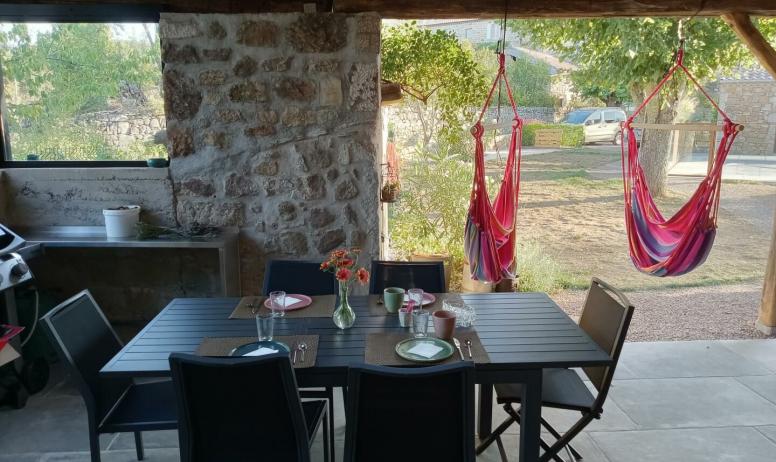 Gîtes de France - Terrasse couverte pour prendre les repas avec vue sur le petit jardin et la piscine.