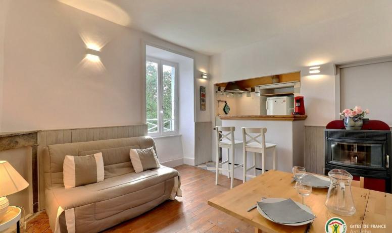 Gîtes de France - L'espace salon, le coin cuisine et le poêle à granulés.